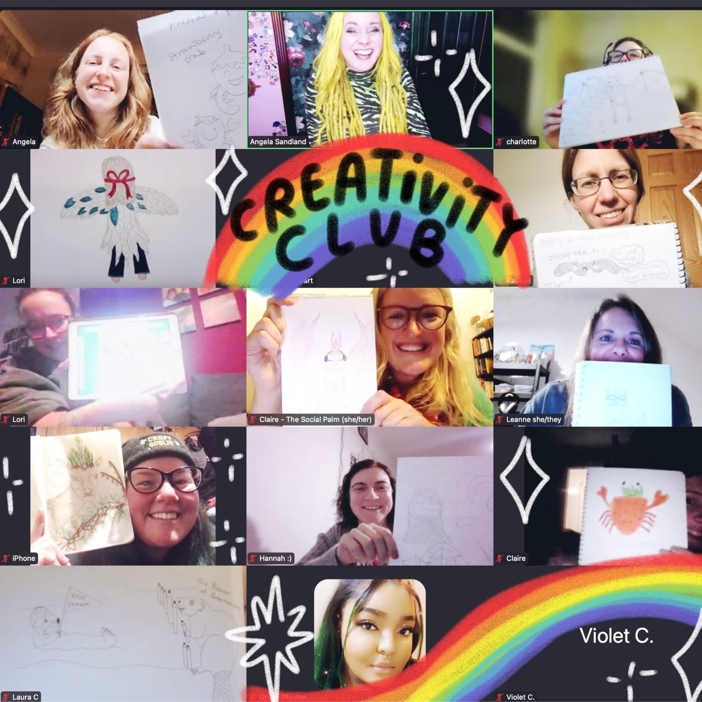 Screenshot collage of smiling participants at Happiness Enchanters' online Creativity Club. Each person is holding up their playful, hand-drawn artwork inspired by the session theme. A rainbow banner with the words "Creativity Club" is at the centre, with doodles and sparkles decorating the image. The event encourages joy, self-expression, and community through drawing and imagination.