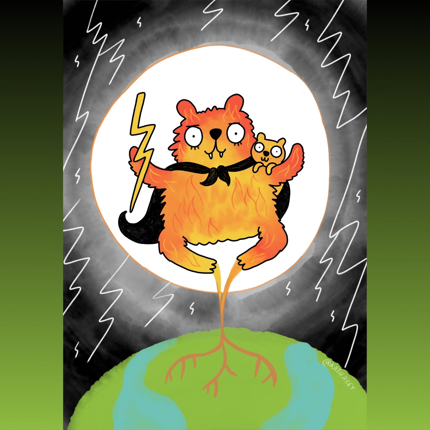 Katie Abey illustration of a fiery bear floating above Earth, holding a lightning bolt and a teddy. Surrounded by storm clouds and energy lines. A magical, slightly chaotic character embracing power, weirdness, and cuddly sidekicks.