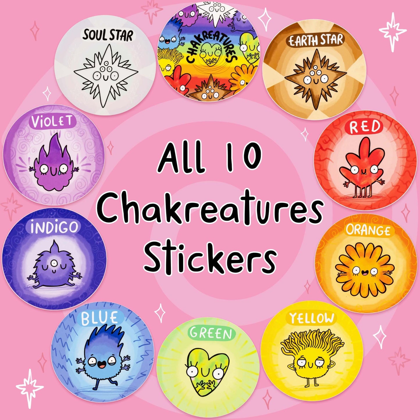 All 10 Chakreatures Stickers by Happiness Enchanters