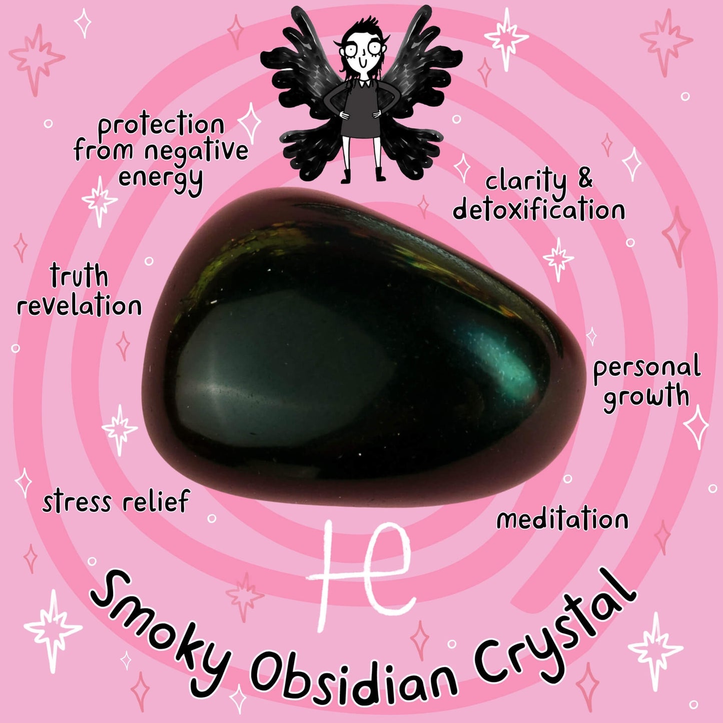 Smoky Obsidian Crystal from Happiness Enchanters for protection from negative energy, truth revelation, stress relief, clarity, personal growth, and meditation. Embrace the magic of transformation through art, illustration, and meditation.
