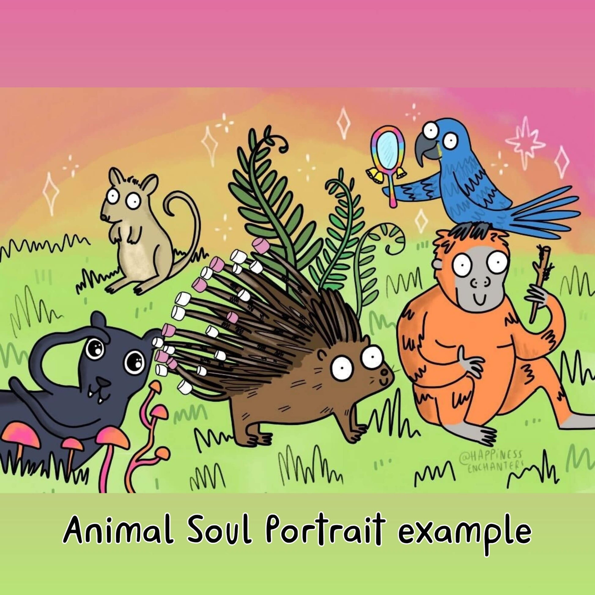 A lively meadow scene with a parrot, porcupine, mouse, and orangutan enjoying various activities. The Katie Abey illustration captures the joy and creativity of Happiness Enchanters.