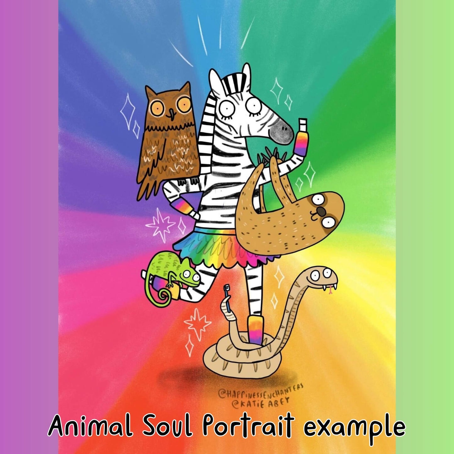 A zebra in a rainbow tutu with an owl, sloth, snake, and chameleon, each with distinctive features and personalities. The vibrant rainbow background of the Katie Abey illustration reflects the creative spirit of Happiness Enchanters.