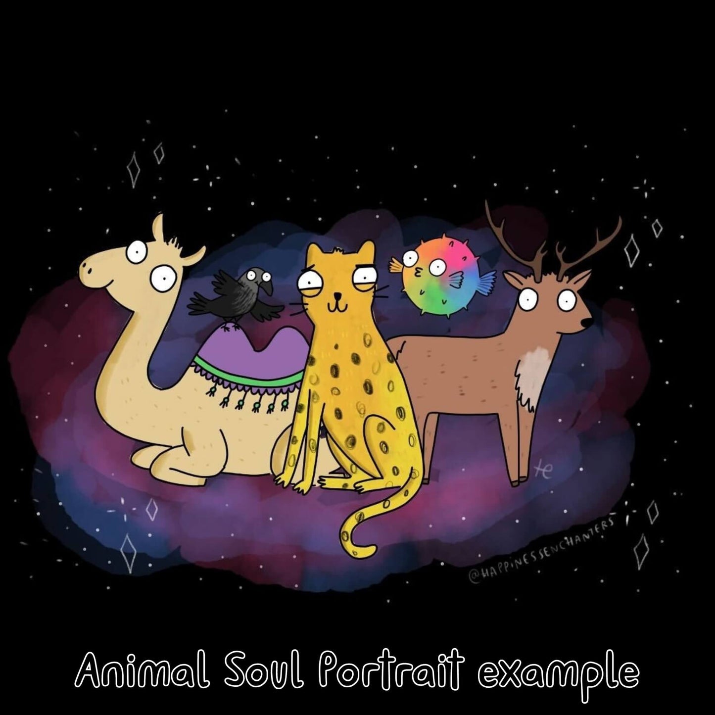 A cosmic gathering of a camel, leopard, deer, pufferfish, and a raven set against a deep space background, embodying the unique style and magical Katie Abey art of Happiness Enchanters.