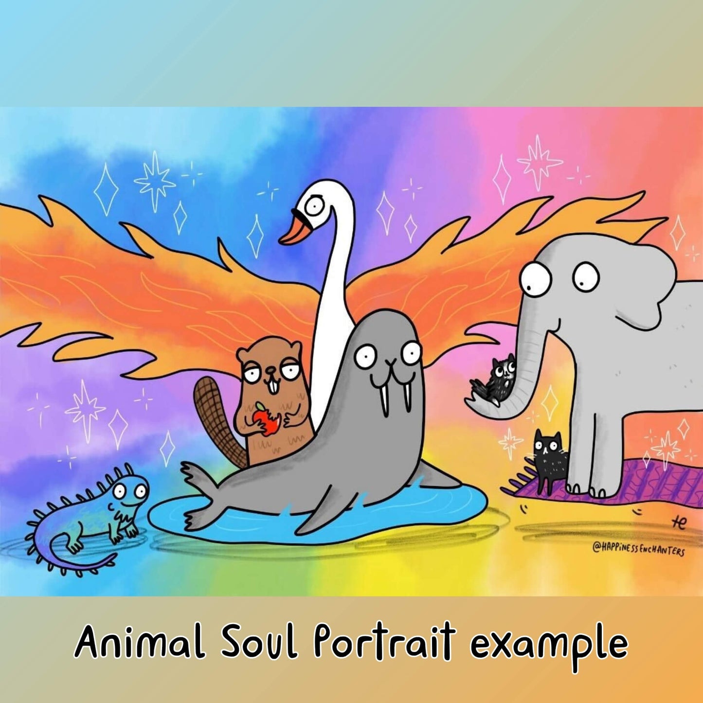 A colourful scene with a swan, beaver, seal, and an elephant holding cats. The vivid background, created by Katie Abey of Happiness Enchanters, represents a harmonious mix of fantasy animals.