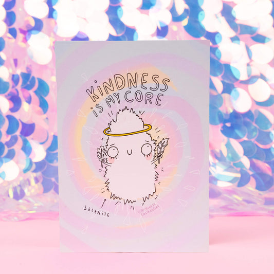 A pastel postcard with selenite illustration by Katie Abey with Kindness is mu core text above