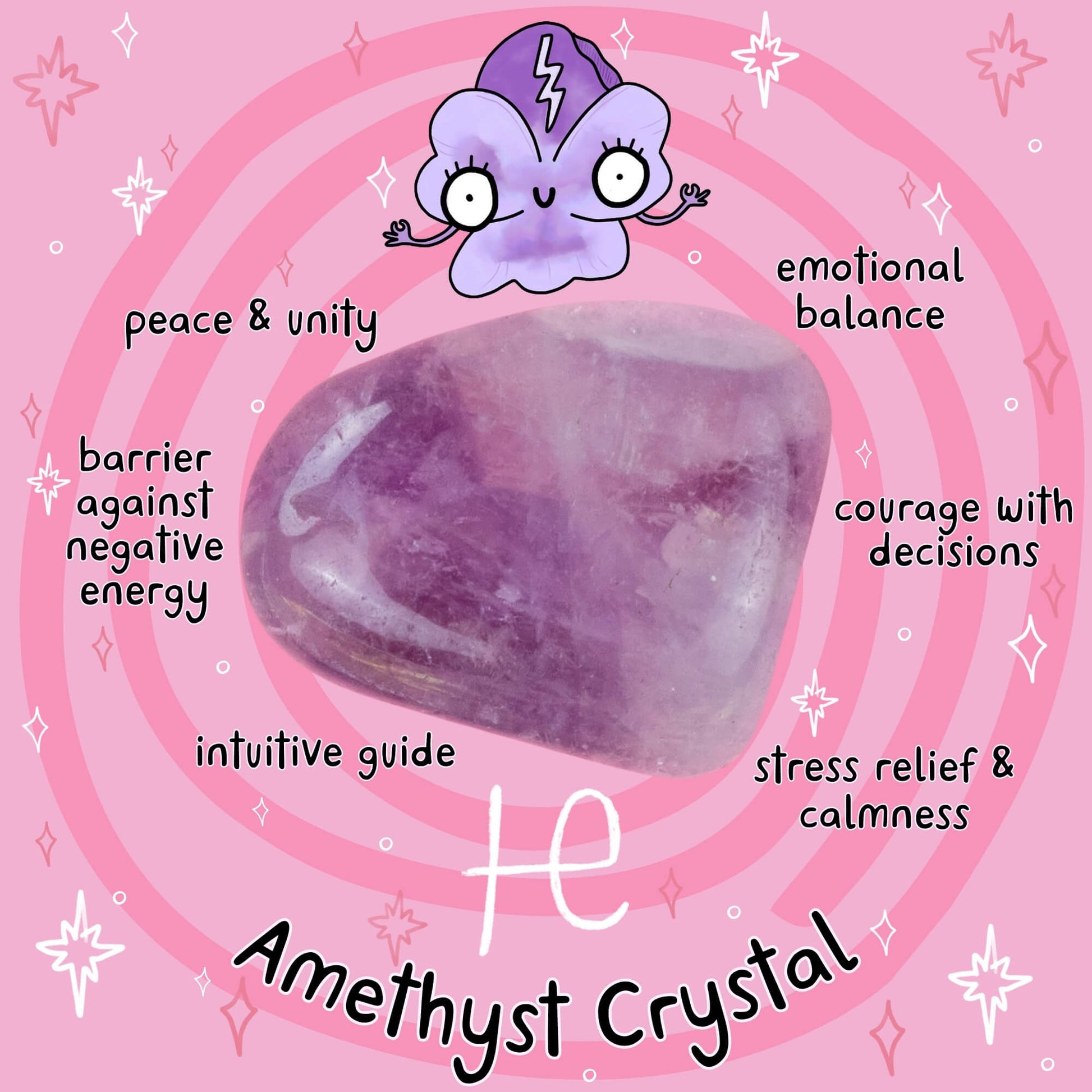 Amethyst Crystal from Happiness Enchanters for emotional balance, courage, stress relief, intuitive guidance, and protection against negative energy. Enhance inner peace and spiritual growth with magical illustrations and workshops.