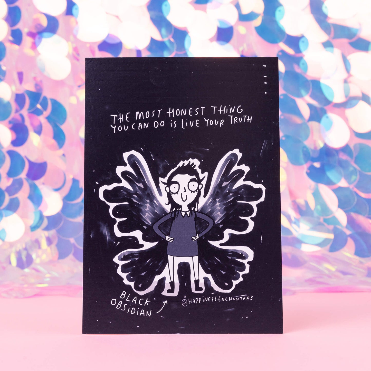 black postcard with a black obsidian gothic fairy with text The most honest thing you can do is live your truth.