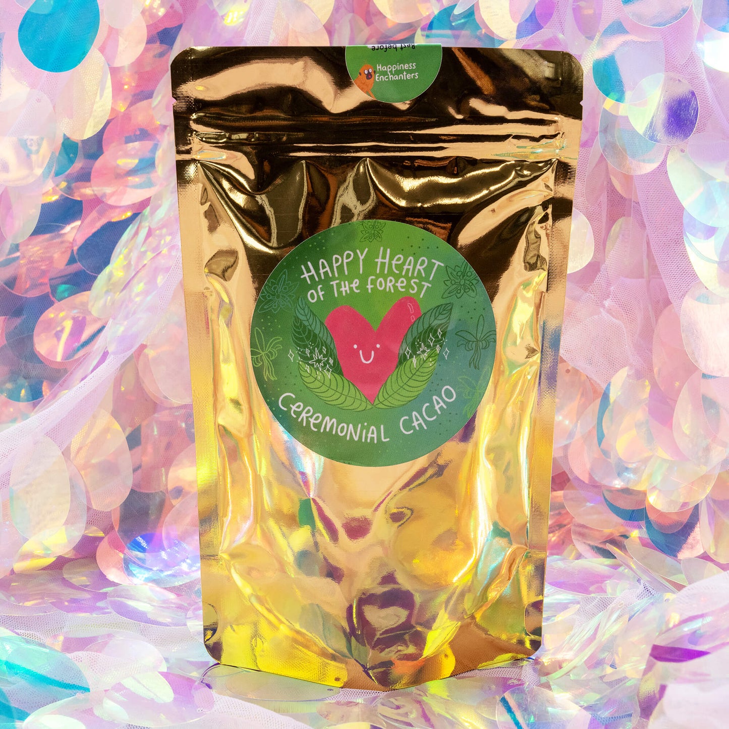 Happy Heart of the Forest Ceremonial Cacao pouch by Happiness Enchanters displayed on a dreamy holographic backdrop, featuring a cheerful heart logo symbolising love, connection, and healing.
