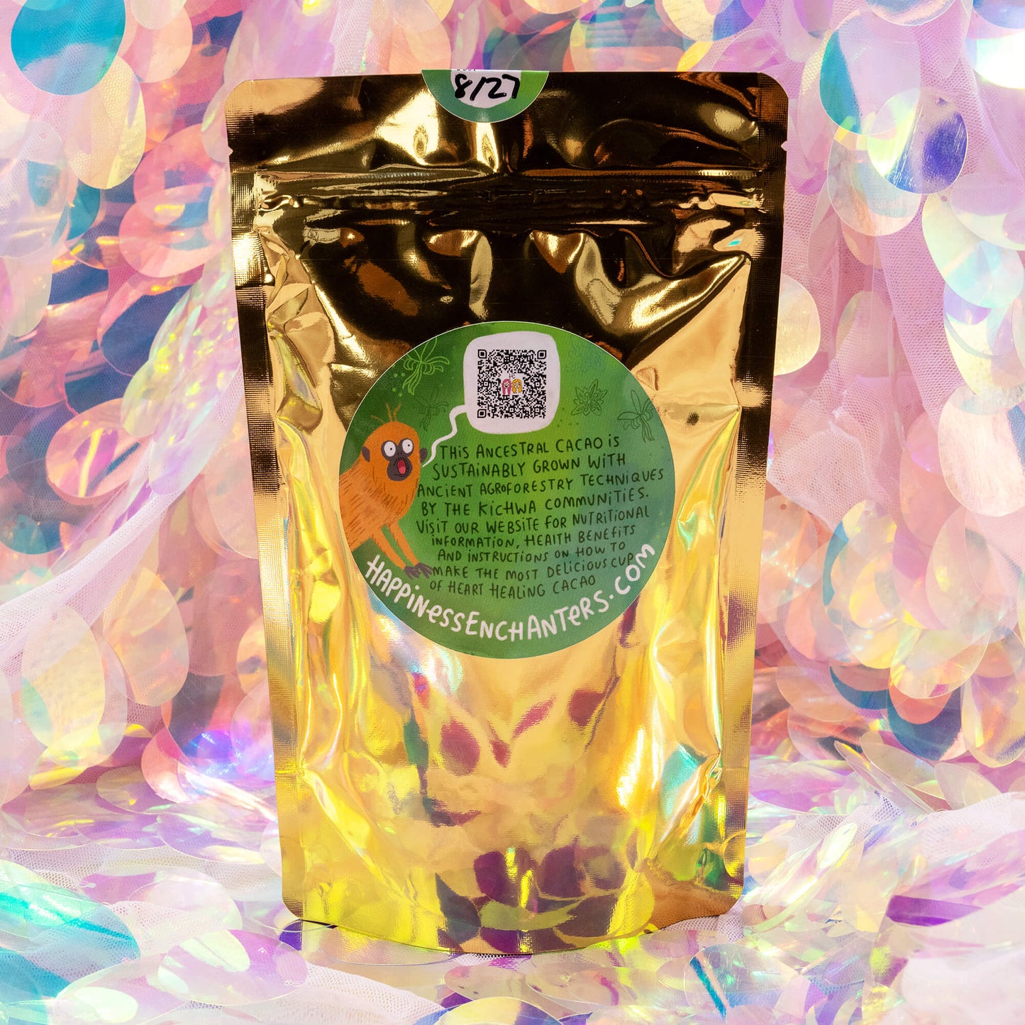 Back of Happy Heart of the Forest Ceremonial Cacao by Happiness Enchanters, showing text about its ancestral and sustainably grown origins by the Kichwa communities.