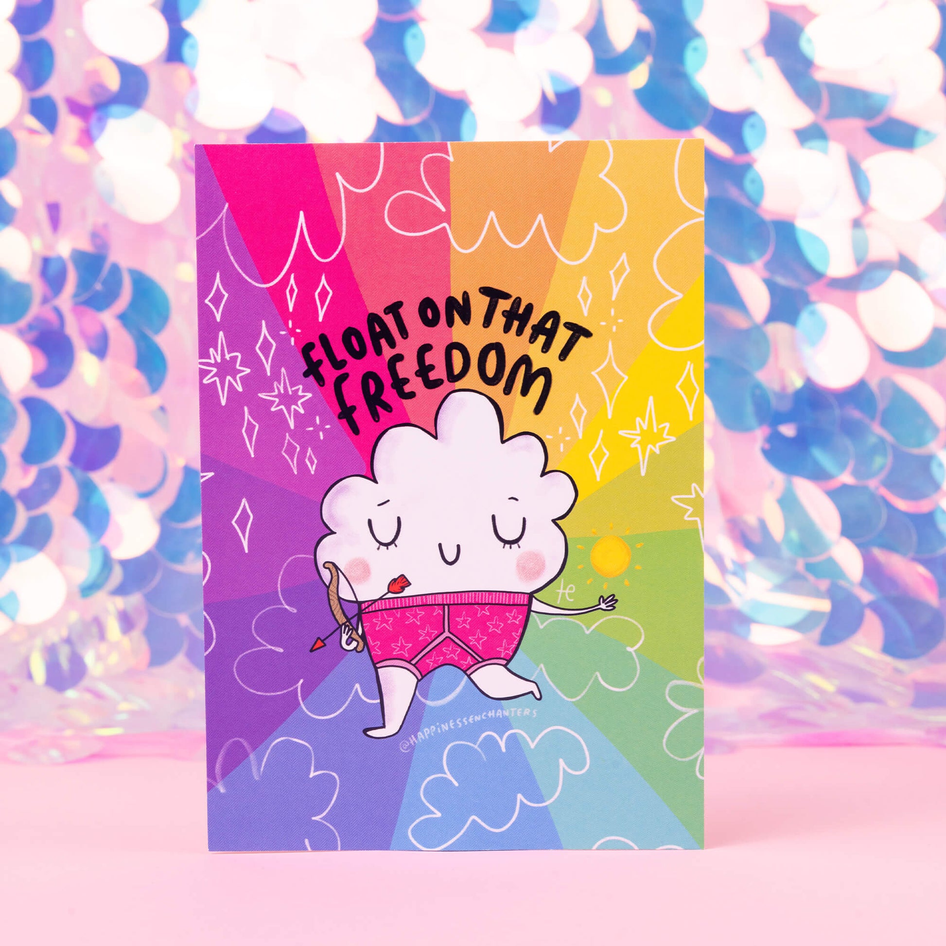 The Cloud of freedom postcard illustrated by Katie Abey with text saying float on that freedom