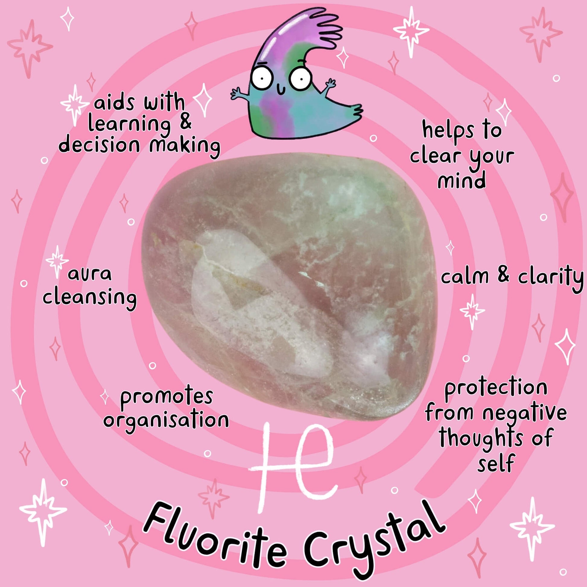 Fluorite Crystal by Happiness Enchanters, ideal for decision-making, clarity, aura cleansing, calm, and self-protection. Discover the art of balance and creativity through magical workshops and co-creation.