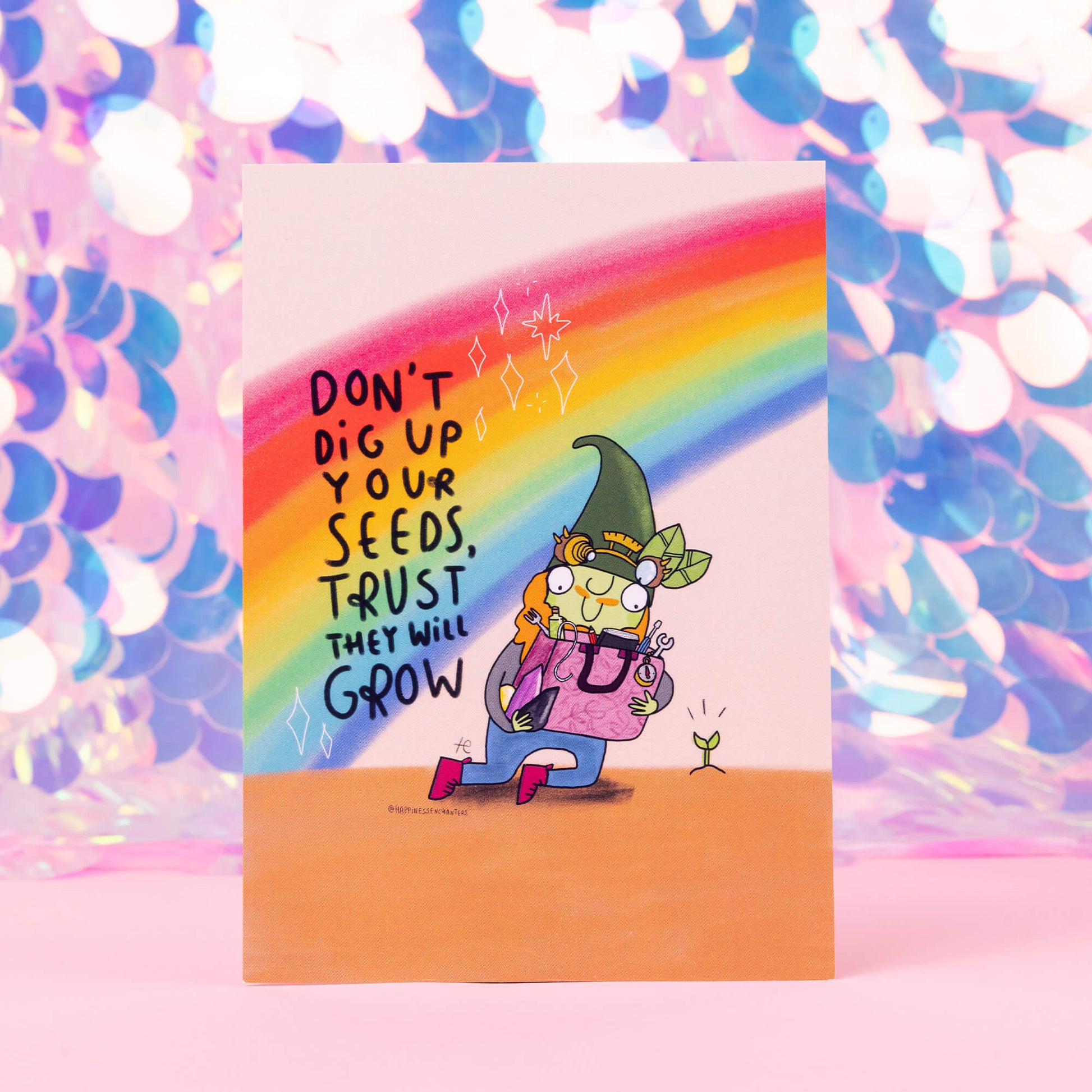 illustration by Katie Abey of a garden gnome st by a seed saying don't dig up your seeds, trust they will grow