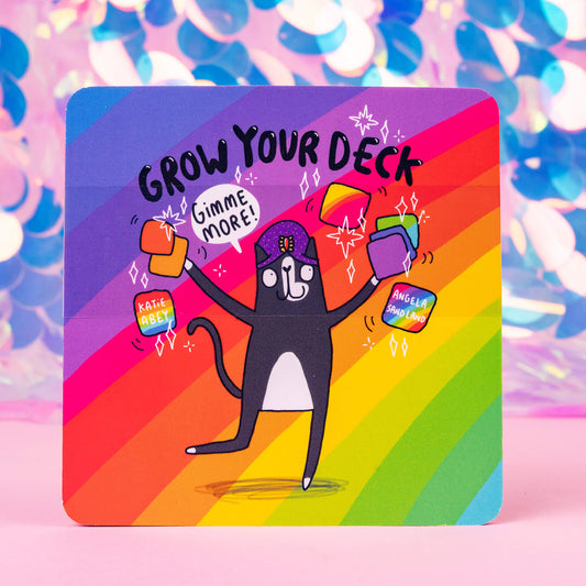 Happiness Enchanters Grow Your Deck, feel-good top up deck of 10 rainbow oracle cards to add to your pack. Designed and printed in the UK by Katie Abey and Angela Sandland.