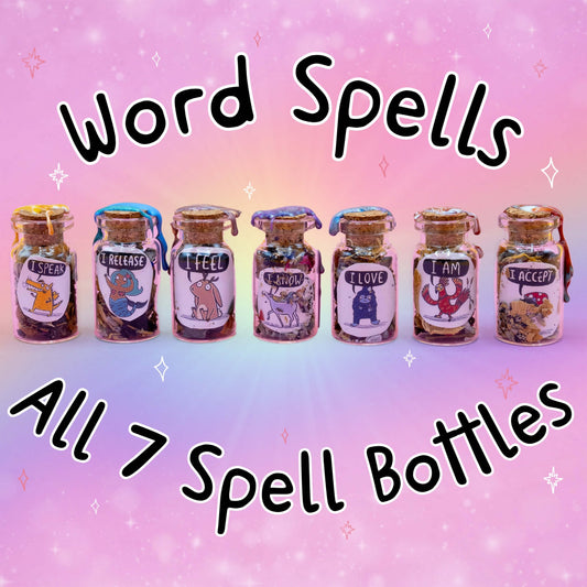 A colourful promotional image featuring all seven Happiness Enchanters Word Spell bottles on a soft pink and purple magical background with sparkles. Each bottle has a unique label and wax seal, showing affirmations: "I Speak," "I Release," "I Feel," "I Know," "I Love," "I Am," and "I Accept." Bold black text reads “Word Spells – All 7 Spell Bottles.” Created by Katie Abey & Angela Sandland to support meditation and intention.