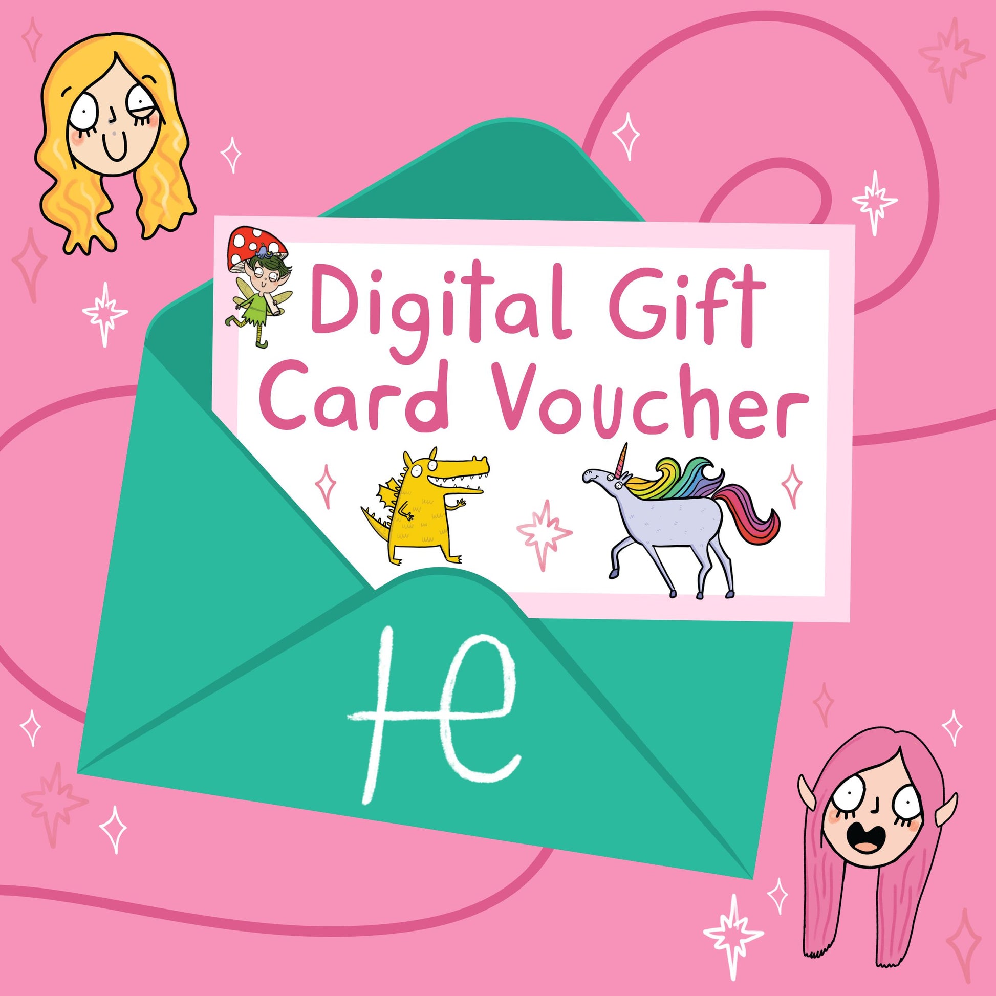 Illustration of a green envelope with 'HE' written on it, holding a pink and white card that says 'Digital Gift Card Voucher'. The card features whimsical drawings of a yellow dragon, a rainbow unicorn, and a mushroom-capped fairy. Surrounding the envelope are cartoon faces of smiling characters with pink and blonde hair, set against a pink background with swirls and sparkles. Represents a magical, fun digital gift card for Happiness Enchanters.