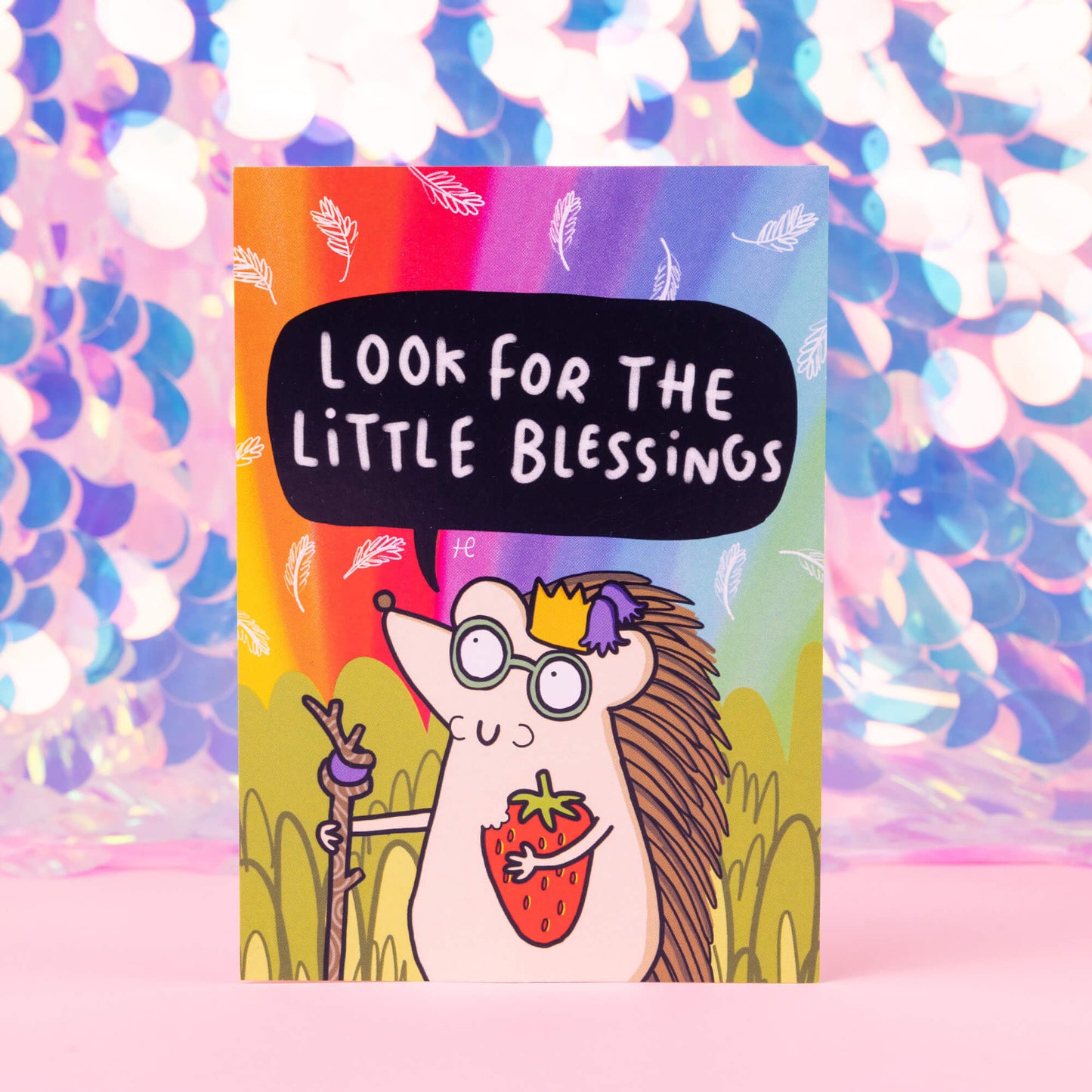 Illustration by Katie Abey of a cute hedgehog with look for the little blessings written above