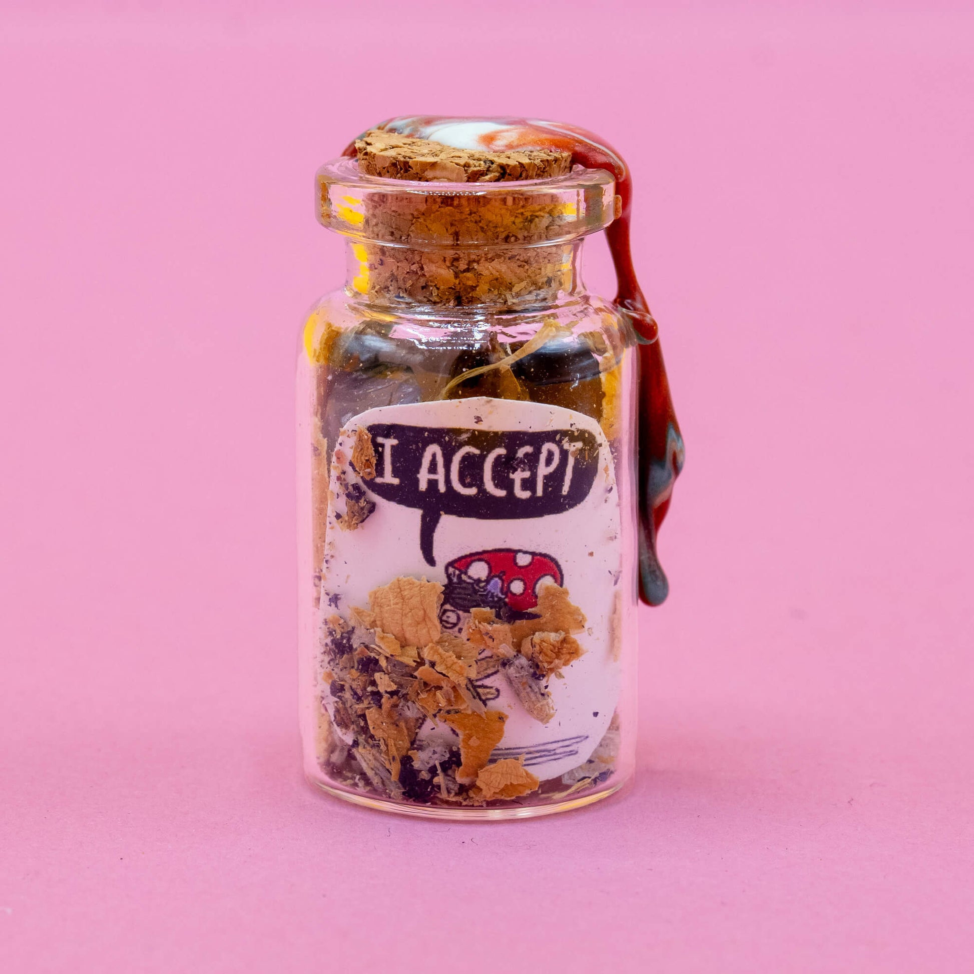 Pixie-themed spell bottle standing upright on a pastel pink background. The glass jar is filled with dried botanicals and crystals, sealed with marbled wax. Label features a red-capped mushroom Pixie character with the words “I ACCEPT.” Created by Katie Abey & Angela Sandland for the Word Spells collection.