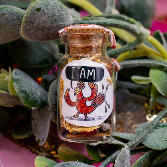 A Phoenix spell bottle nestled among soft green leaves. The glass jar is filled with dried botanicals and sealed with red and white wax. The front label displays a cartoon red phoenix with the empowering words “I AM.” A spiritual item from the Word Spells range by Happiness Enchanters, crafted for self-belief and transformation.