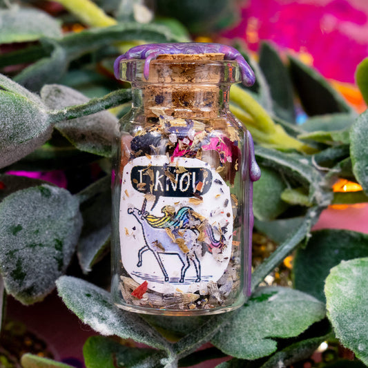 A small glass spell bottle filled with dried herbs, crystals, and colourful materials, sealed with purple wax and a cork. The front features a whimsical illustration of a unicorn with rainbow hair and the words "I KNOW." Surrounded by soft green foliage and pink tones. From Happiness Enchanters' Word Spells collection by Katie Abey and Angela Sandlan
