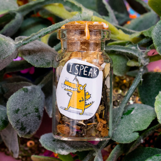 A small Dragon-themed spell bottle nestled in green leaves, with yellow wax sealing the cork. The front label features a cartoon orange dragon saying “I SPEAK.” The jar is filled with a magical mix of dried herbs and crystals. Created by Happiness Enchanters as part of their Word Spells collection for communication and confidence.
