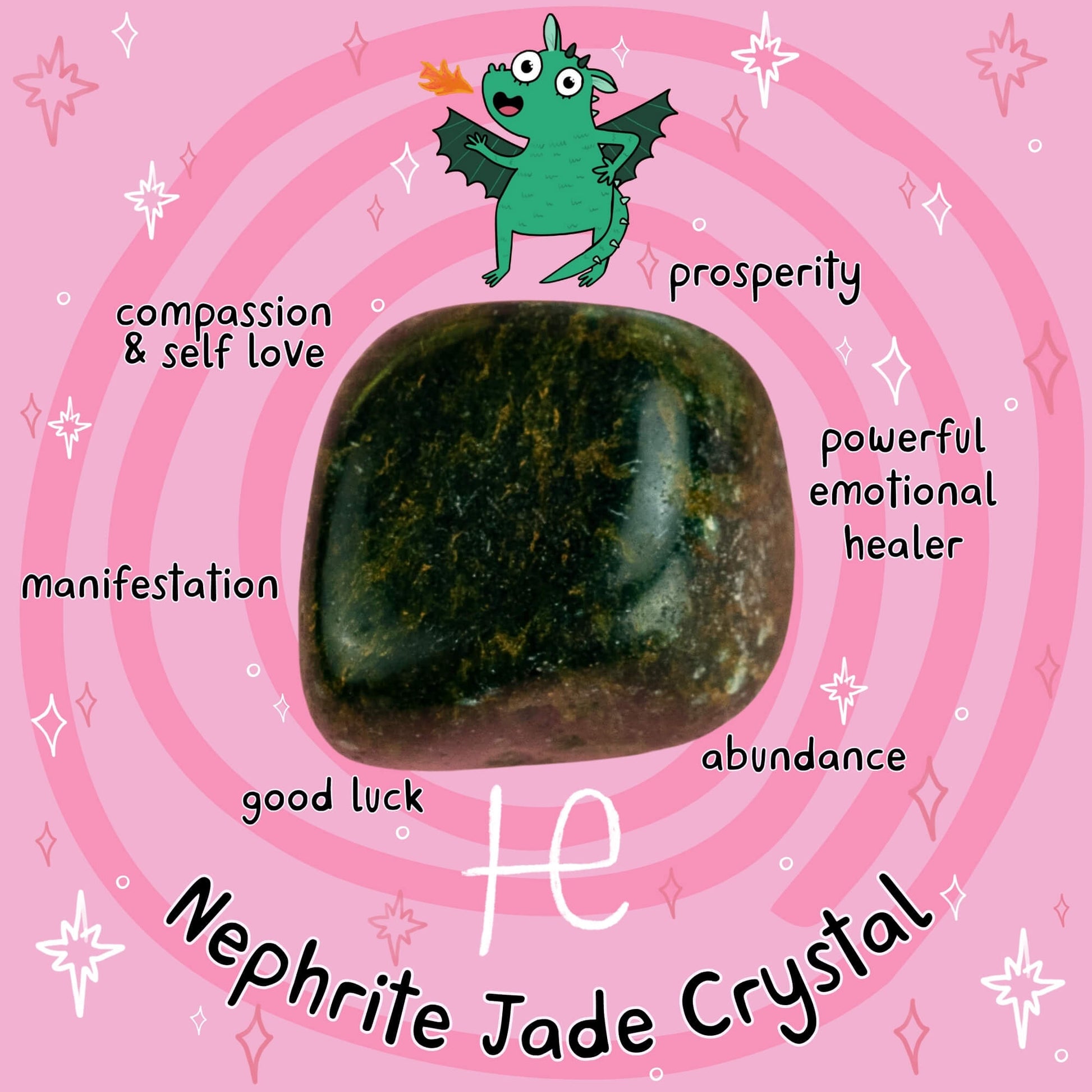 Nephrite Jade Crystal from Happiness Enchanters, for compassion, prosperity, manifestation, and emotional healing. Attract good luck and abundance through art, sound, and channelling.