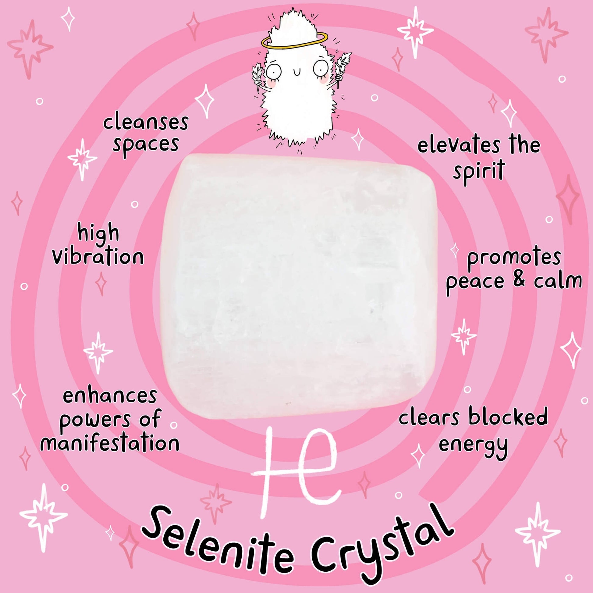 Selenite Crystal by Happiness Enchanters for high vibration, manifestation enhancement, clearing blocked energy, peace, calm, and spirit elevation. Infuse your space with clarity and peace through art and alchemy.