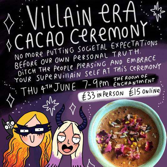 Illustrated poster for “Villain Era Cacao Ceremony” by Happiness Enchanters, featuring purple cosmic background, handwritten white text and doodle stars. Includes event details, pricing and time. Bottom shows two cartoon villain-style characters with horns and masks, plus a bowl of cacao topped with rose petals and herbs.